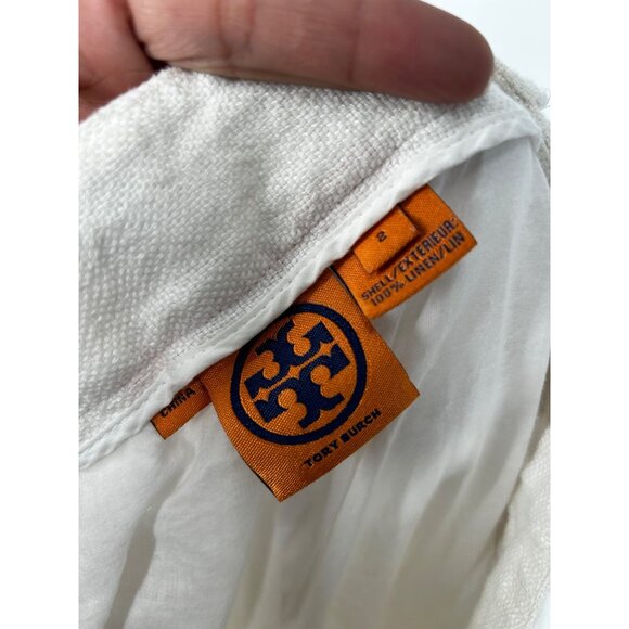 Tory Burch Women's white 100% Linen Pants Size 2 BUTTON Logo STRAIGHT LEG - Picture 5 of 5